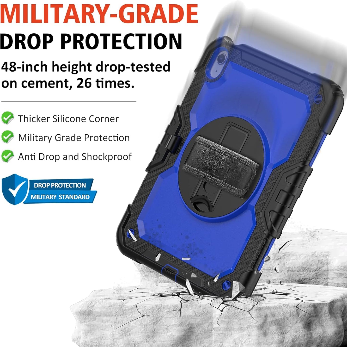 Ambison Case for iPad A16 11th/10th Generation 11"/10.9'' 2025/2022,Heavy Duty Shockproof Case with Tempered Glass Screen Protector, 360° Rotating Handle Strap&Stand,Shoulder Strap-Blue