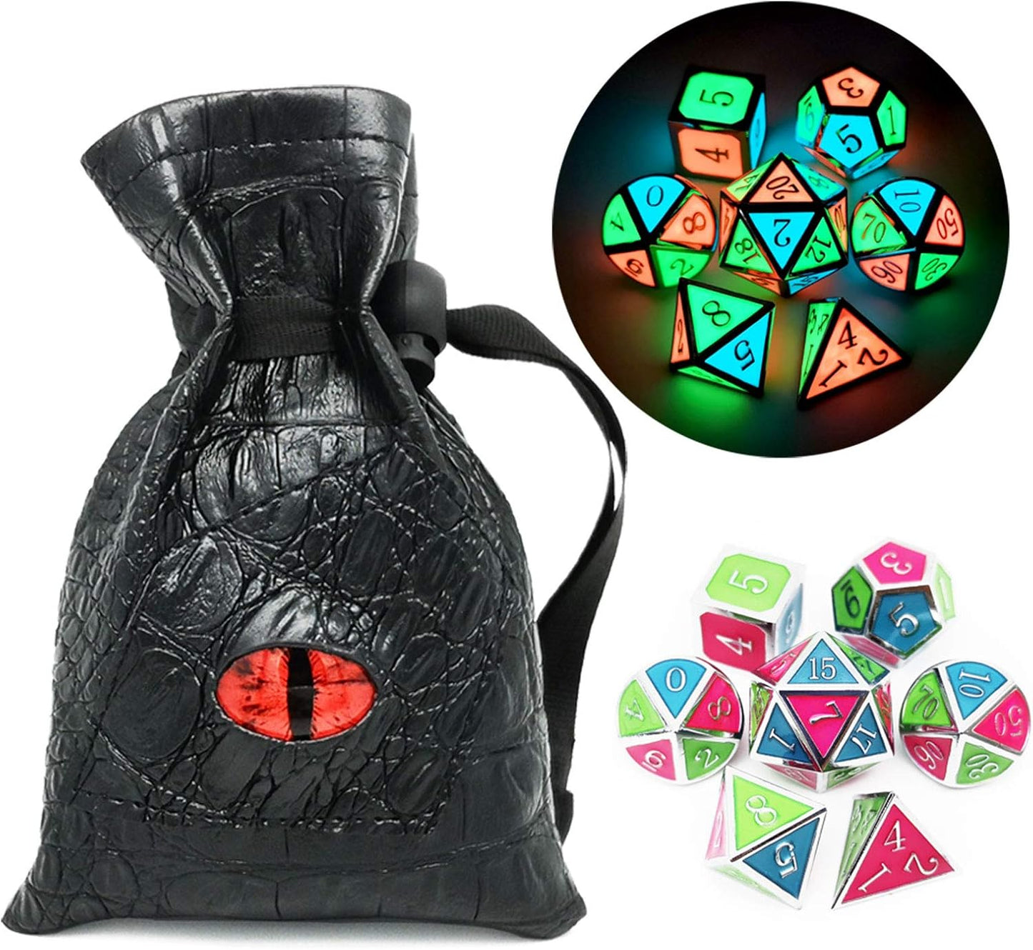 Haxtec Glow in The Dark Glowing Blue Red Green Silver Metal Dice Set D&D 7PCS DND Dice Set Compatible with Dungeons and Dragons RPG Games-Silver Glowing Blue Green Red