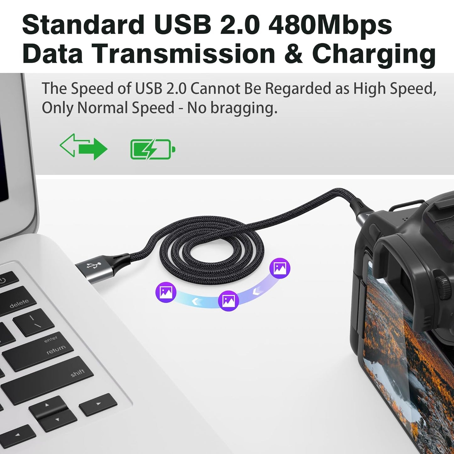 AGVEE 2 Pack 6.6ft Mini USB Cable, Braided Durable USB-A to Mini-B Charger Charging Cord for TI-84, Garmin GPS, Go-Pro Hero 4 3 2 HD, PS3 Controller, Canon Camera, Blue Yeti Microphone, Dark Gray