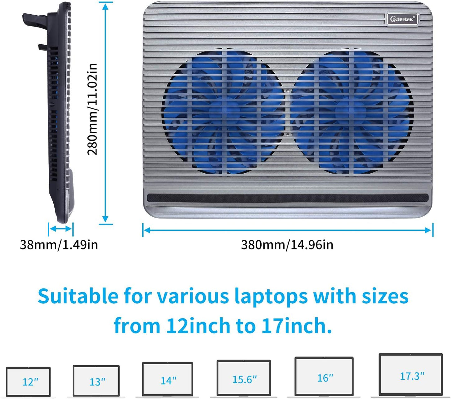 Laptop Cooling Pad, Coolertek USB Powered Laptop Cooler, 2 Blue Silent Big Fans, Height Adjustable Non-Slip Laptop Stand with Dual USB 2.0 Ports, Fits 11-17Inch Notebook - Gray (N2)