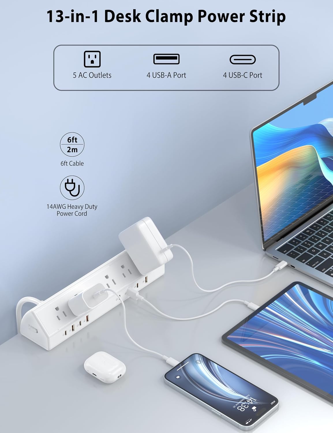 Desk Clamp Power Strip 65W Fast Charging Station,4 PD USB-C,5 Outlets,Nightstand Desk Edge Mount Tower Surge Protector,15 Amp Heavy Duty Power Strip,Fits 1.96" Tabletop Edge (White, 6 FT Cable)