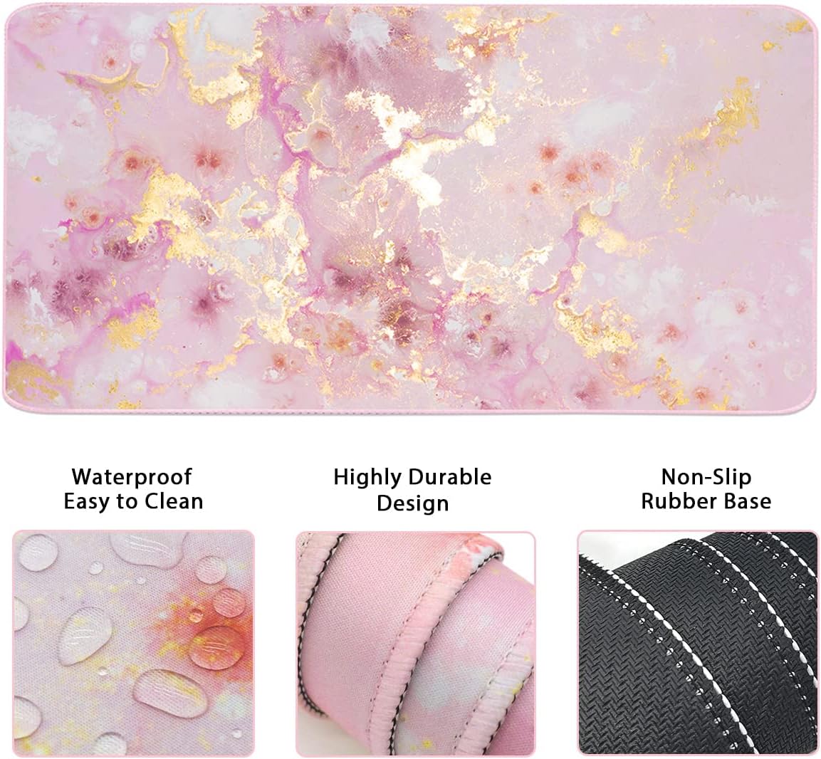 Keyboard Mouse Pad Set, Extended Mouse Pad+Keyboard Wrist Rest Support, Memory Foam Ergonomic Easy Typing, 3Pcs (35.4×15.7 in) Desk Pad Set for Home Office Study Game- Pink Gold Marble