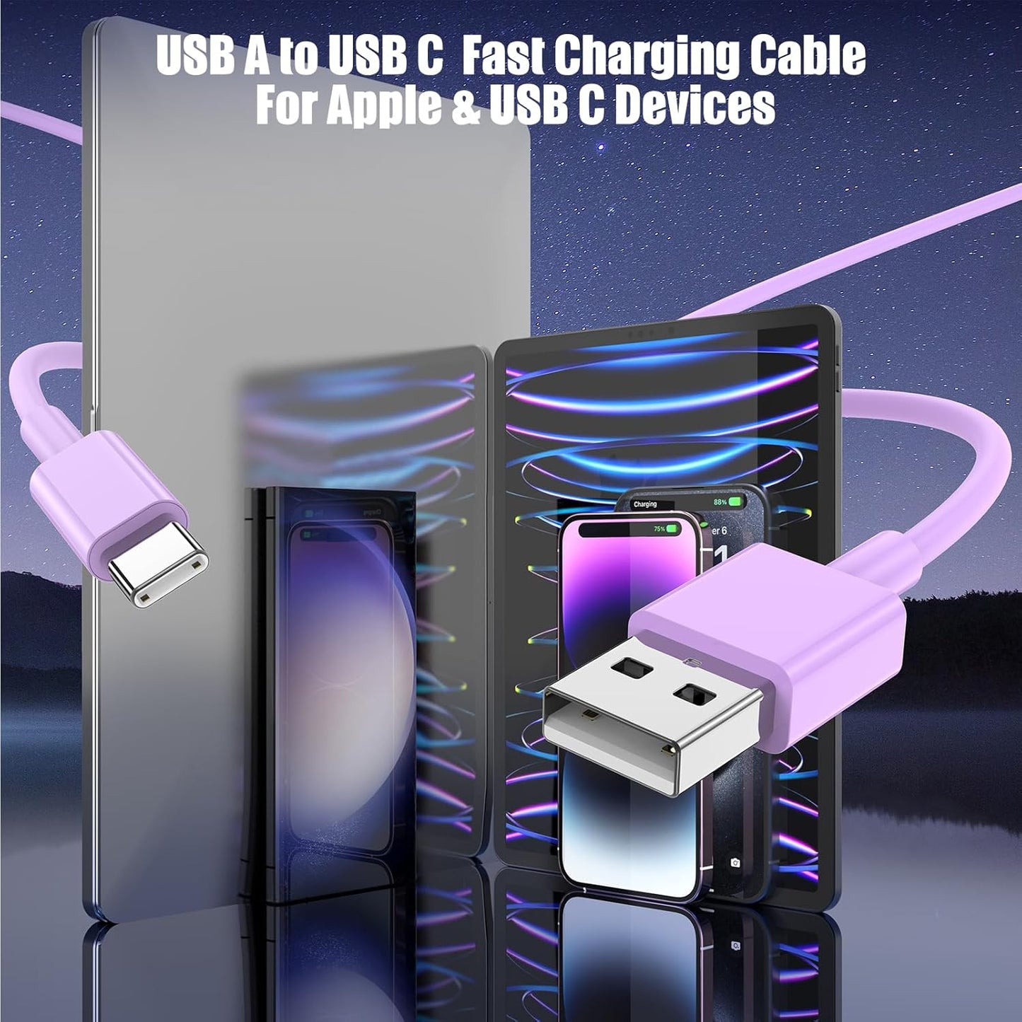 3-Pack Purple [3.3FT+3.3FT+6FT] USB A to USB C Cable，USB to USB C Car Carplay Cable for iPhone 16 15 Pro Plus Pro Max，for iPad Pro/Air/Mini，for Samsung S24/S23/S22/S21，for MacBook Pro/Air and More