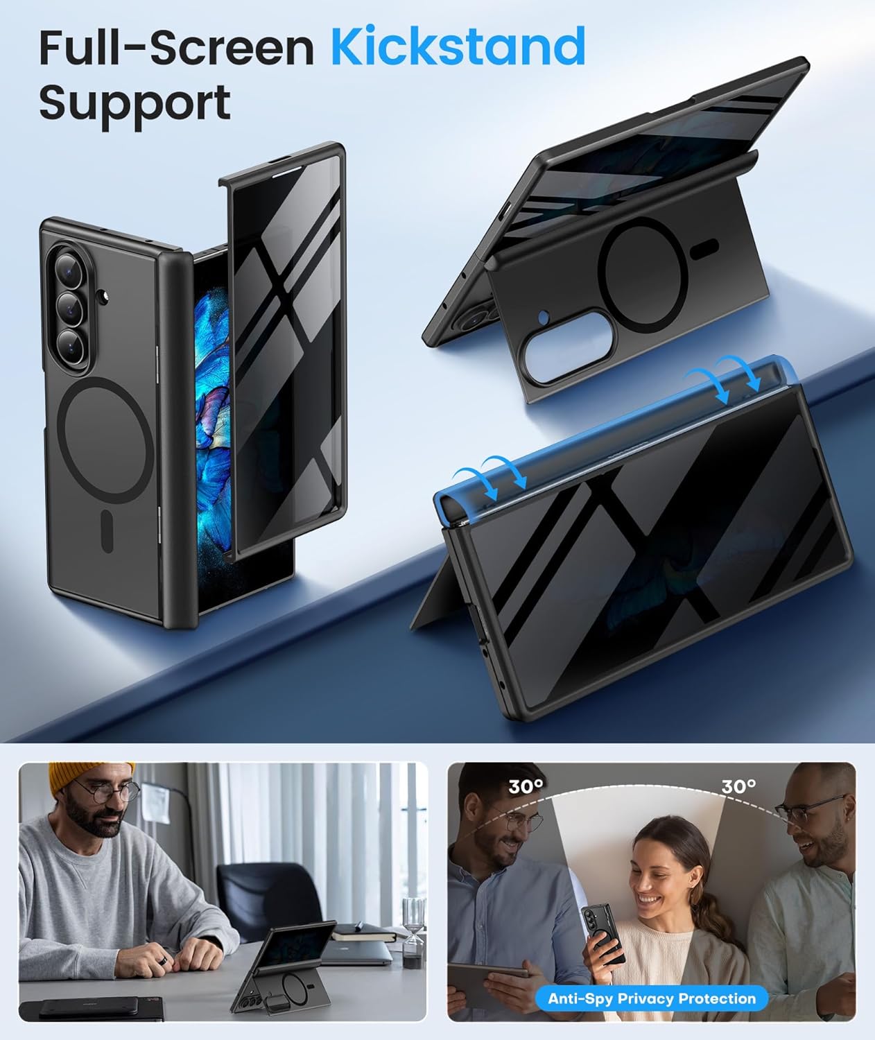 BERFY Magnetic for Samsung Galaxy Z Fold 7 Case with Privacy Screen Protector, [Compatible with MagSafe][Anti Spy] Built-in Hidden Kickstand, Full-Body Shockproof Slim Phone Case for Z Fold 7, Black