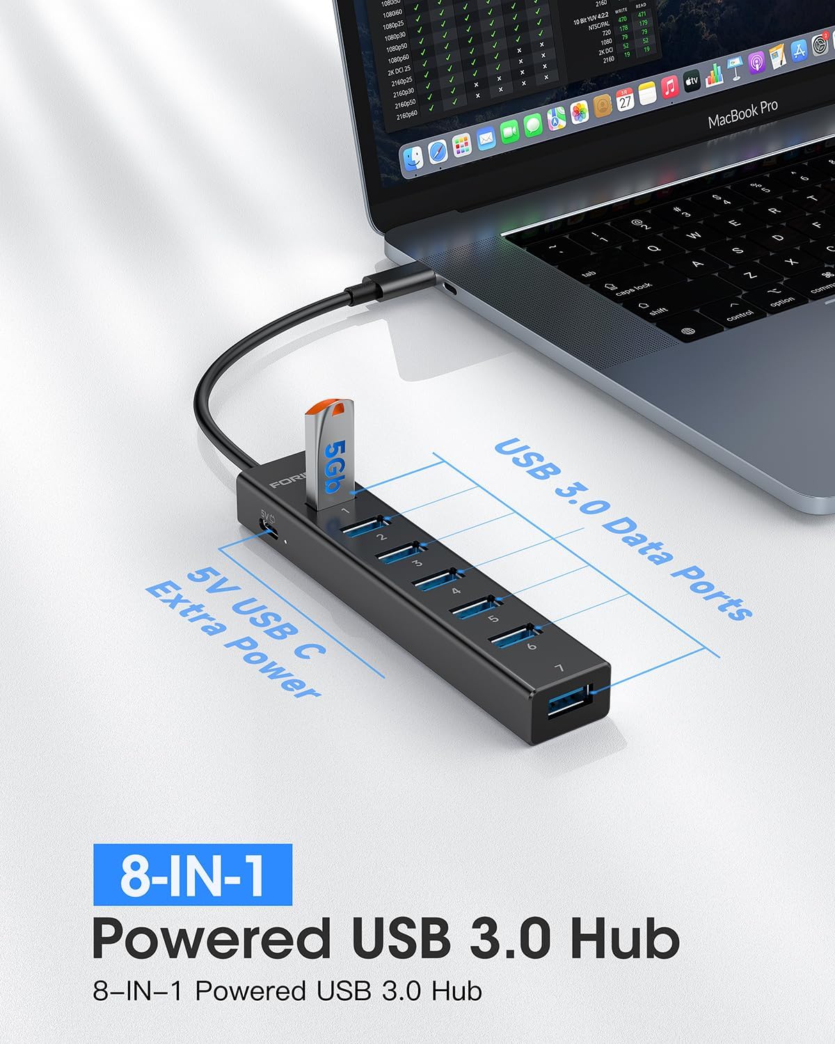 FORIDA USB C Hub-8 Port USB HUB with 7 USB3.0 Data Ports,Aluminum Alloy USBC Splitter with Type C 5V/3A Power Port Compatible with MacBook, iPad, Surface Pro, XPS, Laptop,PC (Black,USB C-9.8in)