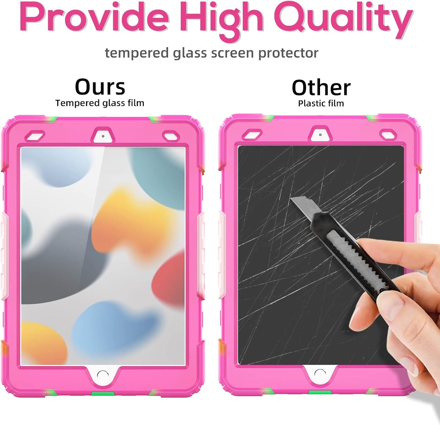 BLOSOMEET Case for iPad 9th/8th/7th Generation 2021/2020/2019 10.2 Inch for Kids Girls with Tempered Glass Screen Protector & Pen Holder| iPad 10.2 Case Cover w/Stand Hand Shoulder Strap |Rose