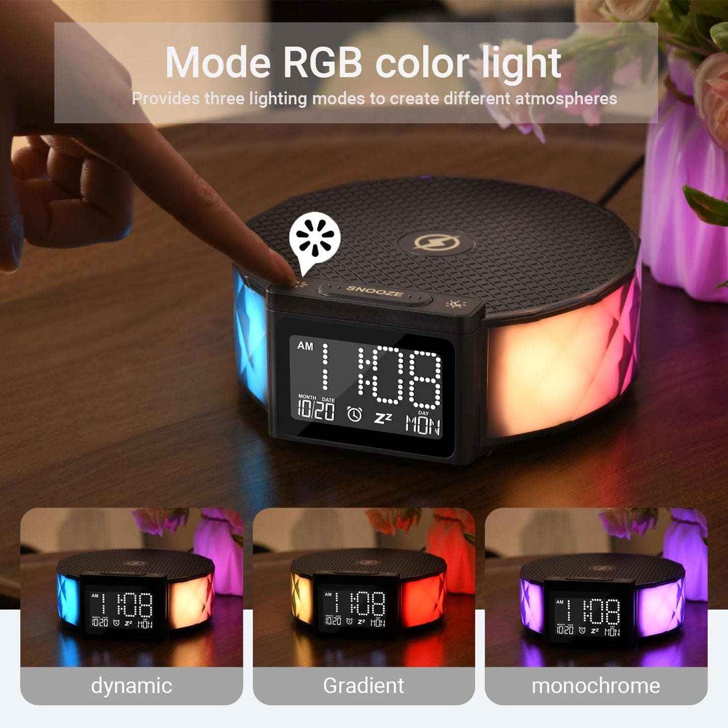 Alarm Clock with Fast Wireless Charging 15W,Digital Alarm Clock Night Lamp for Bedroom, RGB Nightlight for 5 Colors,Snooze Mode,8 Types of Music with Cable (Black)