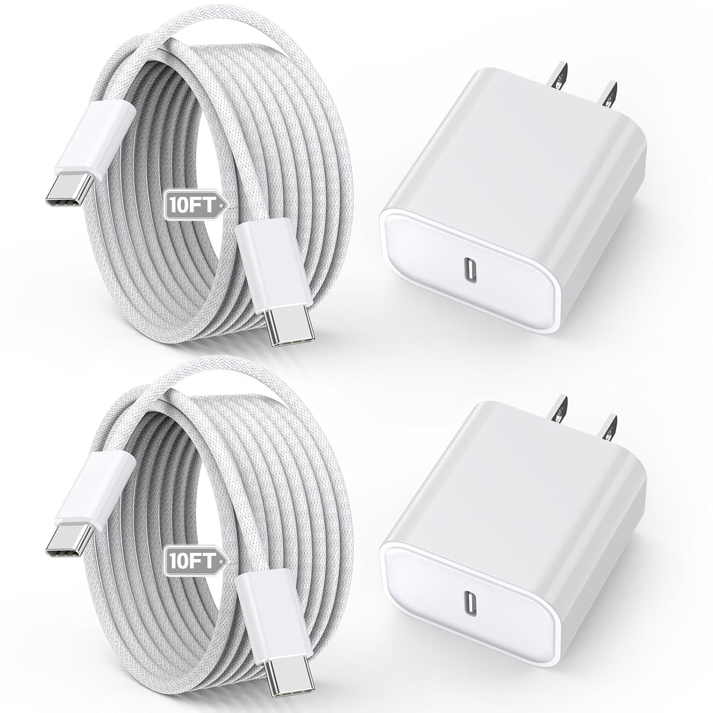 10FT Apple iPhone 16 15 Charger, 2-Pack Extra Long 10Foot USB C to Type C Charger Woven Cable Cord 20W USB C Charger Block Cube Super Quick Charging for iPhone 16 15 Pro/Plus/Pro Max,iPad Pro/Air/Mini