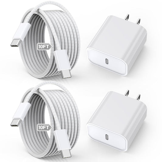 10FT Apple iPhone 16 15 Charger, 2-Pack Extra Long 10Foot USB C to Type C Charger Woven Cable Cord 20W USB C Charger Block Cube Super Quick Charging for iPhone 16 15 Pro/Plus/Pro Max,iPad Pro/Air/Mini