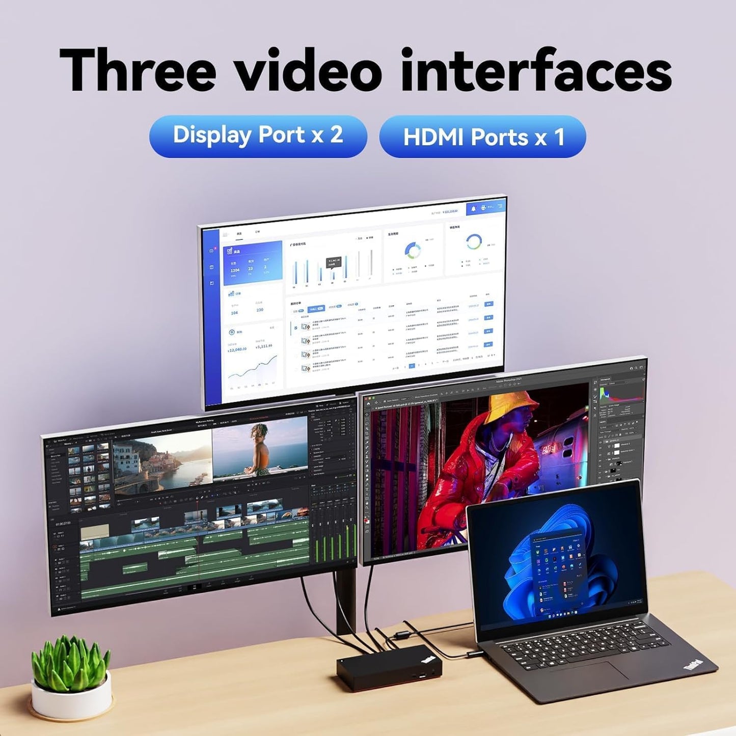 Thinkpad 40AY0090 Universal Hybrid USB-C with USB-A Docking Station for Lenovo Laptop, 3 External Displays, Comes with ITSPWR HDMI 4K Cable + DP Cable+ Cleaning Cloth