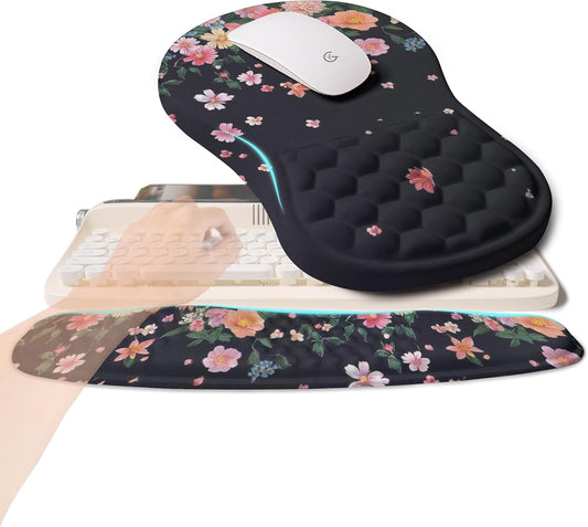 2-in-1 Ergonomic Set, Wave Rise Keyboard Wrist Rest and Massage Bulge Slope Mouse Pad Wrist Support, Cushion Memory Foam Integrated to Relieve Wrist Pain, Flower Dance