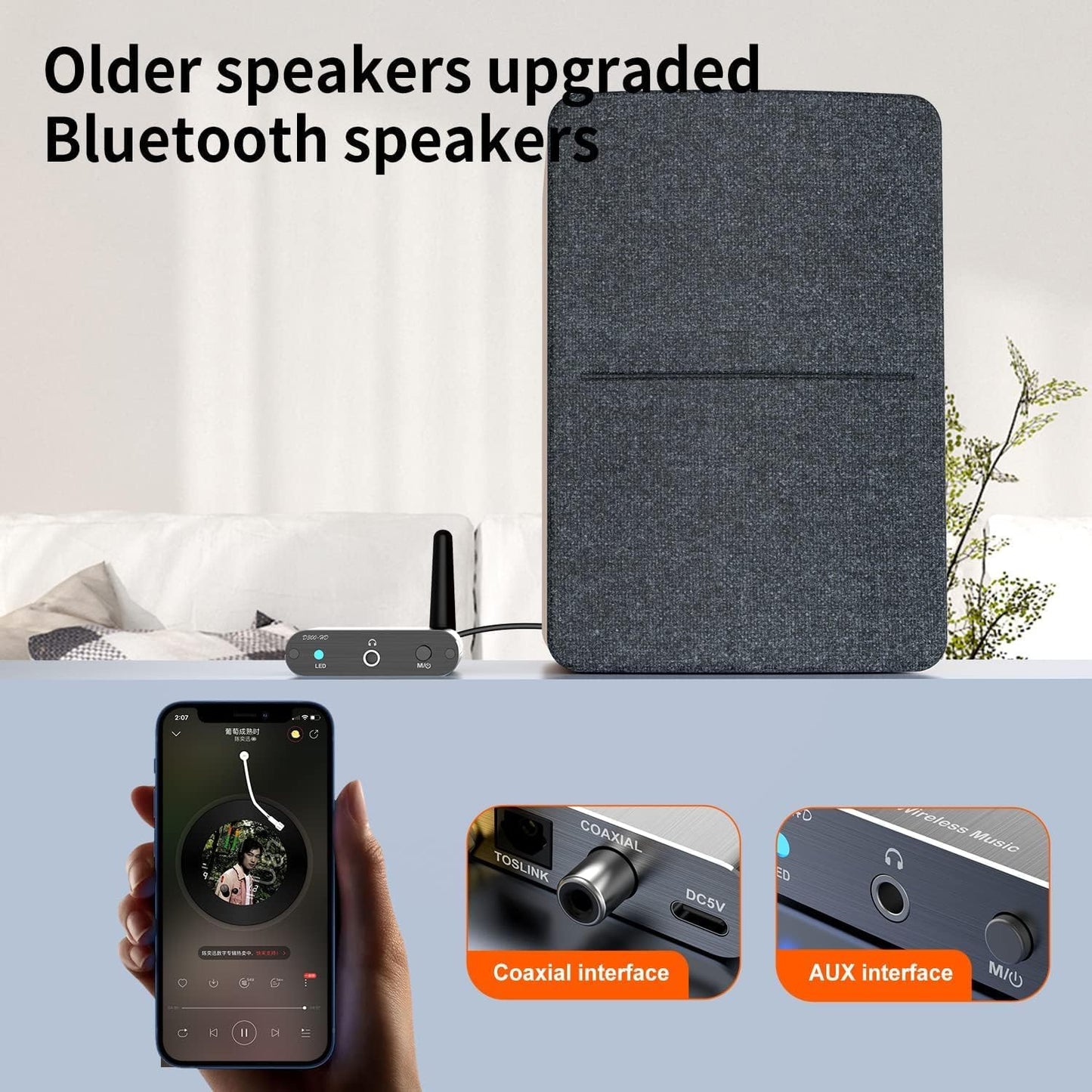 Bluetooth 5.2 Wireless Audio Transmitter Receiver Adapter for Home Stereo, Speakers and Headphones, Support Aux, Coxial and Optical Outputs