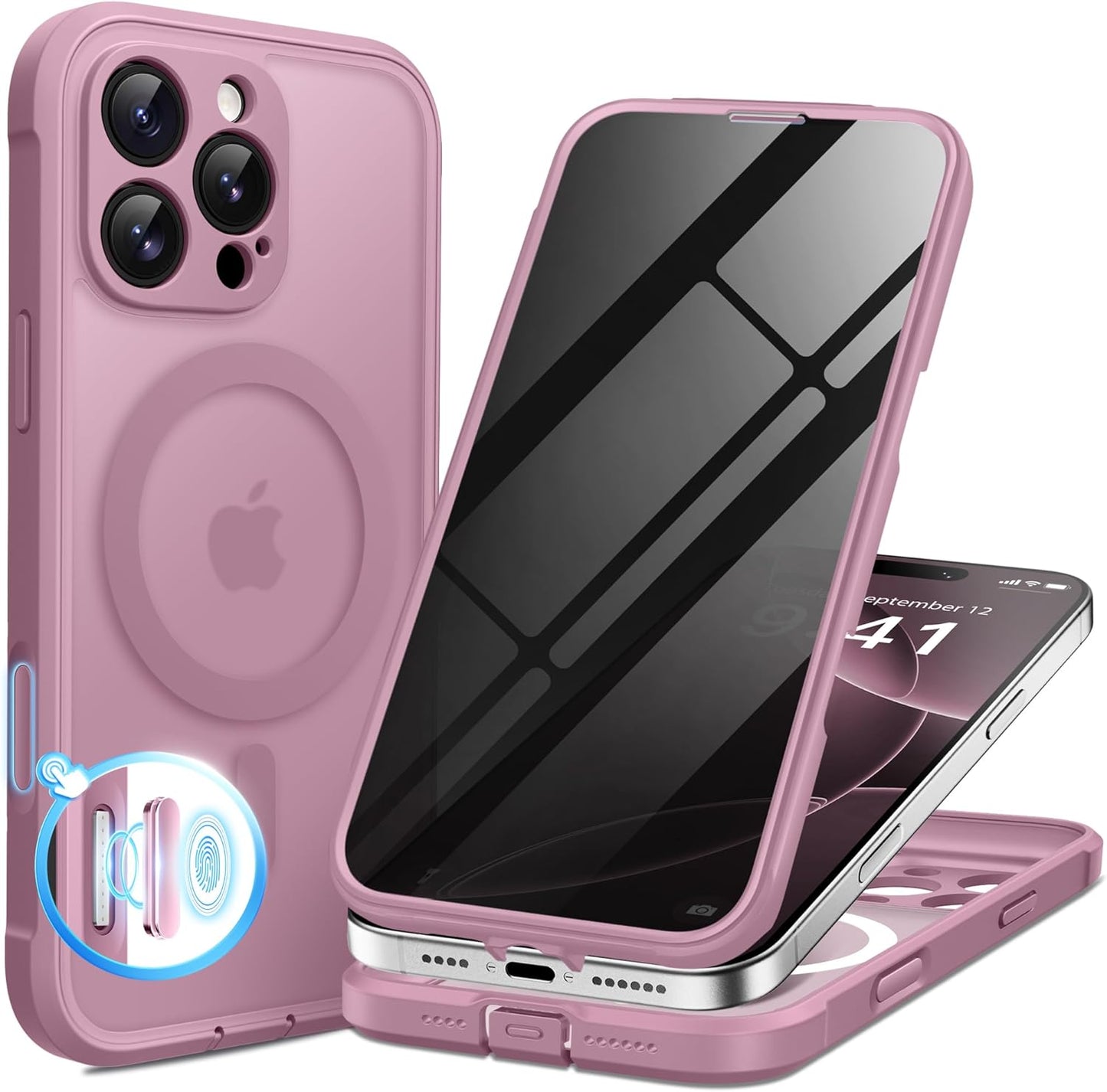 BERFY Magnetic for iPhone 16 Pro Case, Compatible with MagSafe, Built-in Privacy Screen Protector and Upgraded Camera Protection, Anti-Spy Full Body Shockproof Phone Case for 16 Pro 6.3",Palevioletred