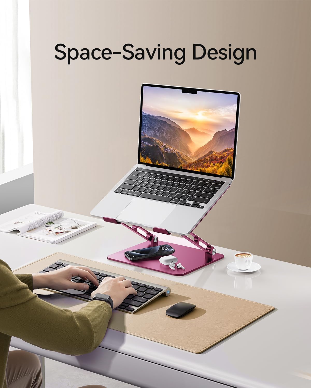 Foldable Aluminum Laptop Stand for 10-17.3" Laptops, Height Adjustable Portable Ergonomic Computer Holder, Space Saving Desk with Heat Dissipation. Compatible with MacBook/Dell/HP etc, Rose