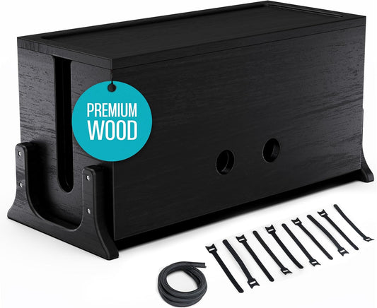 Extra Large Cable Management Box, Wood Cord Hider Box & Organizer for Power Strip, TV Wires & Desk Cable Storage