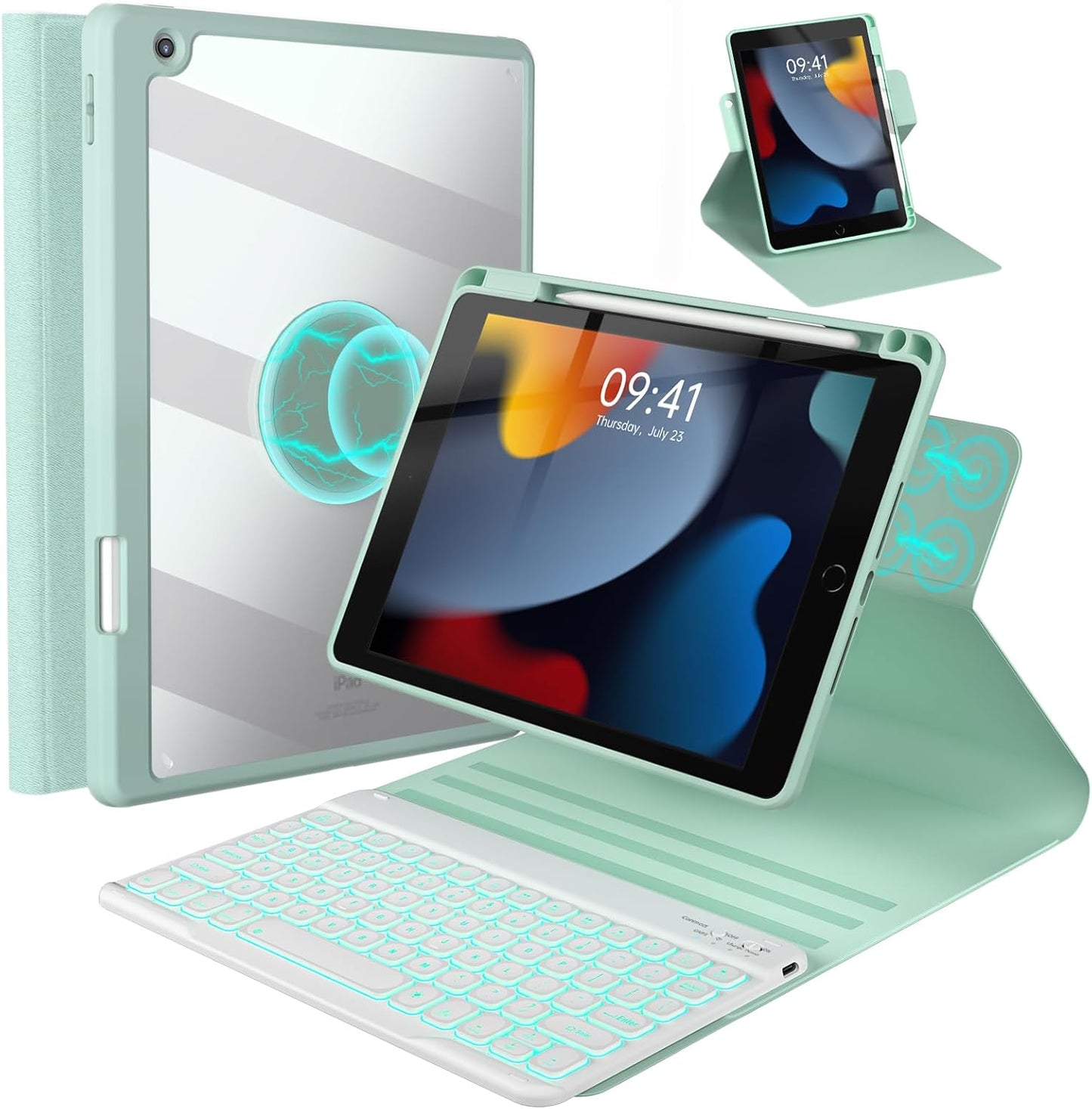 BLUTLOTUS Keyboard Case for iPad 7th/8th/9th Generation 10.2'' 2019/2020/2021, 360° Rotatable Magnetic Keyboard Case with Pencil Holder Groove, 7 Color Backlit Wireless Detachable Keyboard (Sky Blue)