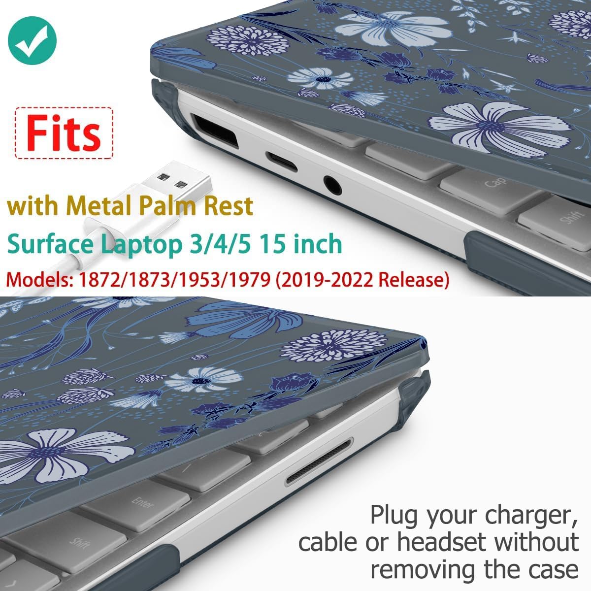 Tuiklol Case for 15 Inch Microsoft Surface Laptop 5/4/3 2022-2020, Model 1979/1953/1872/1873 Hard Shell Cover, Keyboard Cover+Screen Protector+Dust Plugs,Blue Line Floral