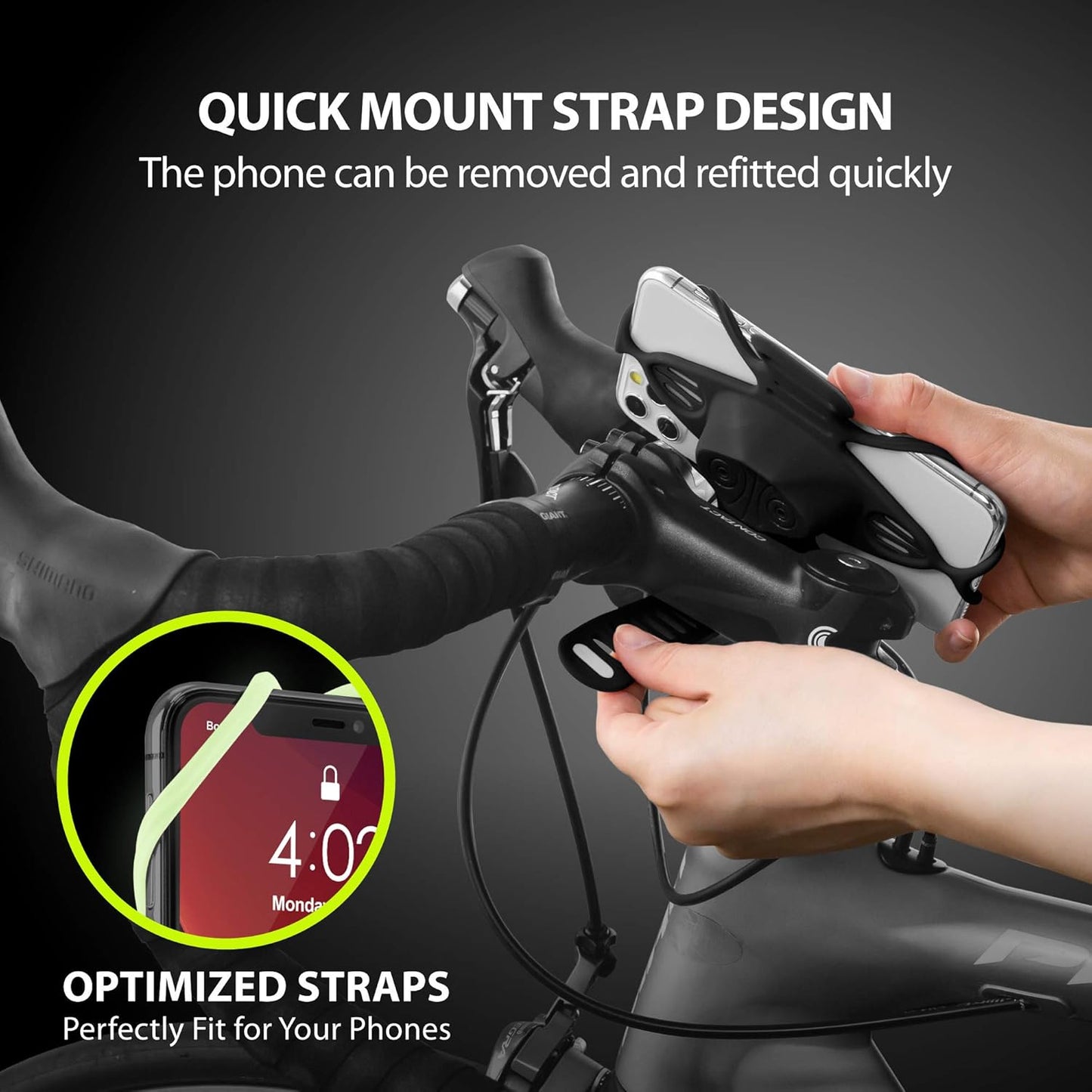 BONE】 Bike Tie Pro 4 Bike Phone Mount Bicycle Phone Holder for Stem Mounting 4.7"-7.2" Cell Phones, Ultra Light Phone Mount for Bike Motorcycle, Designed for Road Bicycle Accessories - Luminous