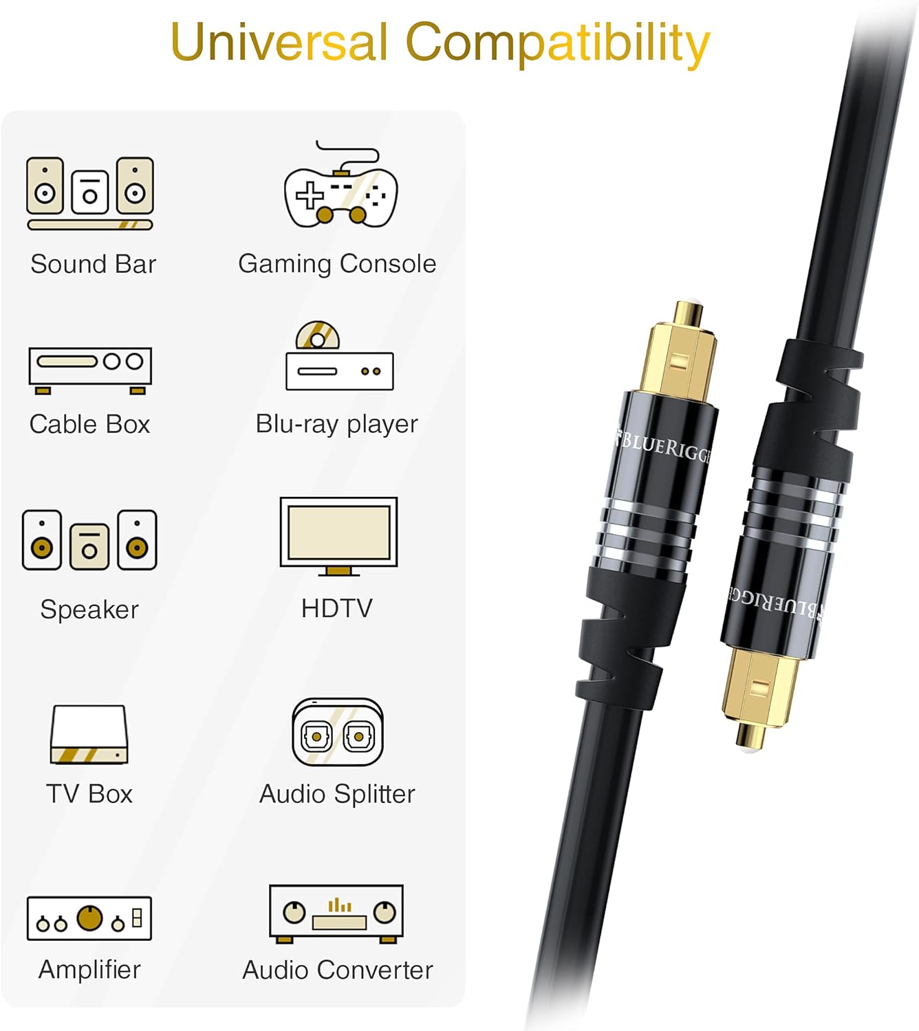 BlueRigger Digital Optical Audio Toslink Cable (100FT, Fiber Optic, Aluminum Shell, 24K Gold-Plated) - Compatible with Home Theatre, Sound Bar, TV, Xbox, PlayStation PS4 – Premium Series
