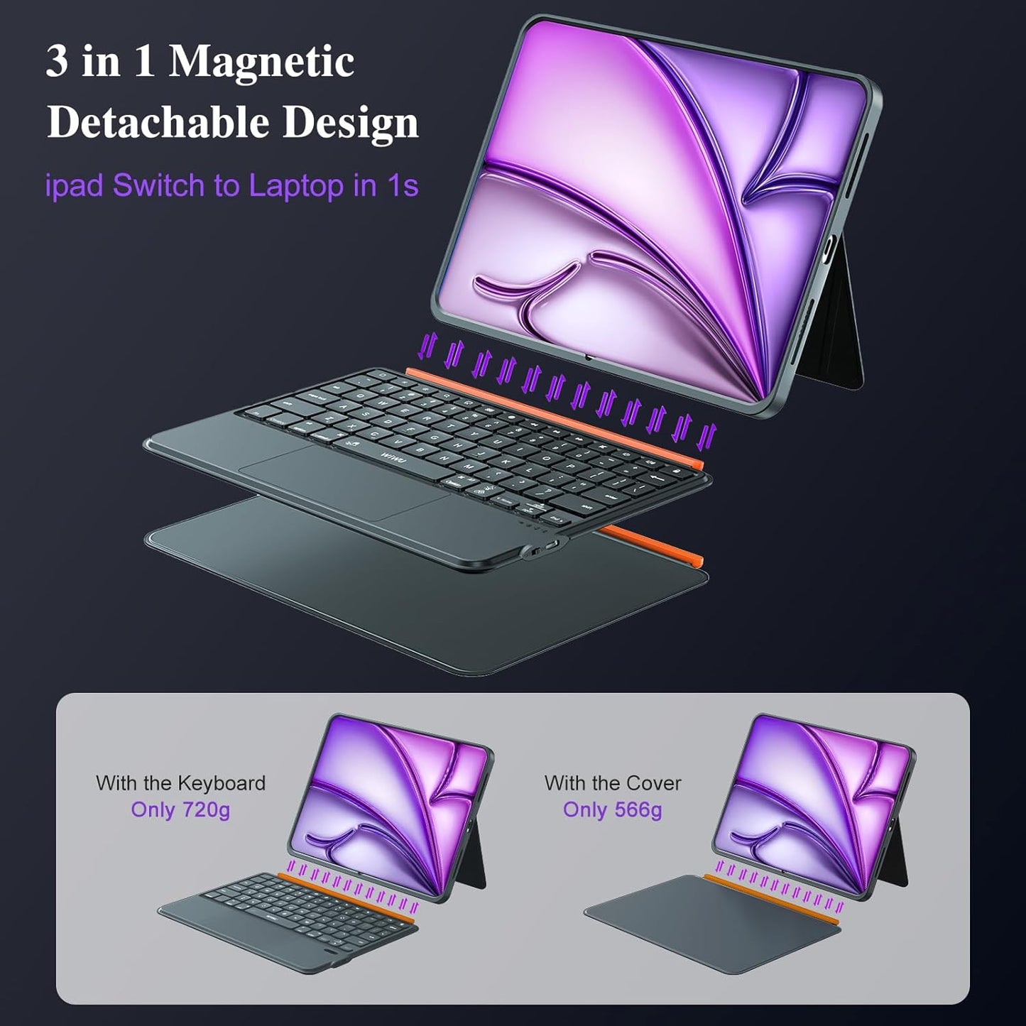 iPad Air 13 inch Case Keyboard (M3 M2, 2025 2024),Wireless iPad Keyboard for Pro 12.9 inch 6/5/4/3rd Gen,Magnetic Detachable with Trackpad,7-Color Backlit,Landscape/Portrait,Adjustable Stand (Gray)