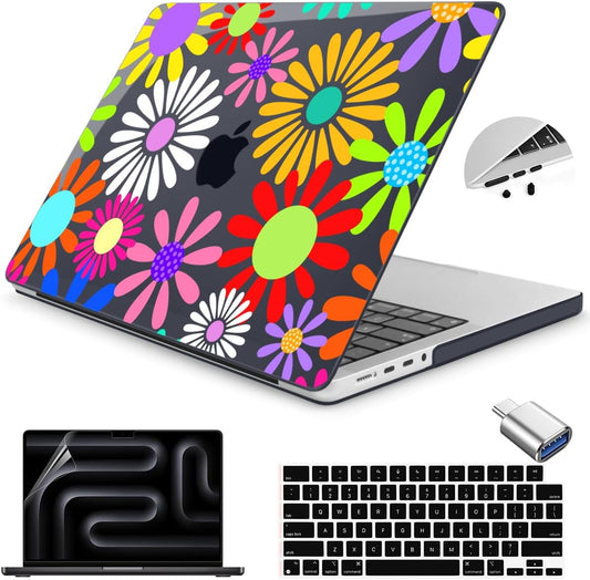 Teryeefi Design Case for MacBook Pro 14 inch M4/M3/M2/M1 2025 2024 2023 2021 Release Model A3112 A3401 A3185 A2918 A2992 A2779 A2442, Hard Shell Cover + Keyboard Cover, Colorful Abstract Flowers A001