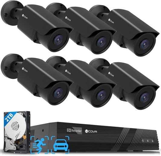 4COVR Home Security Camera System, AI Human Vehicle Detection, 8CH 8MP NVR 2TB HDD, 6Pcs 5MP Wired Commercial Bullet PoE IP Camera IP67 Night Vision, 24/7 Surveillance Outdoor, LY37EB5M0806