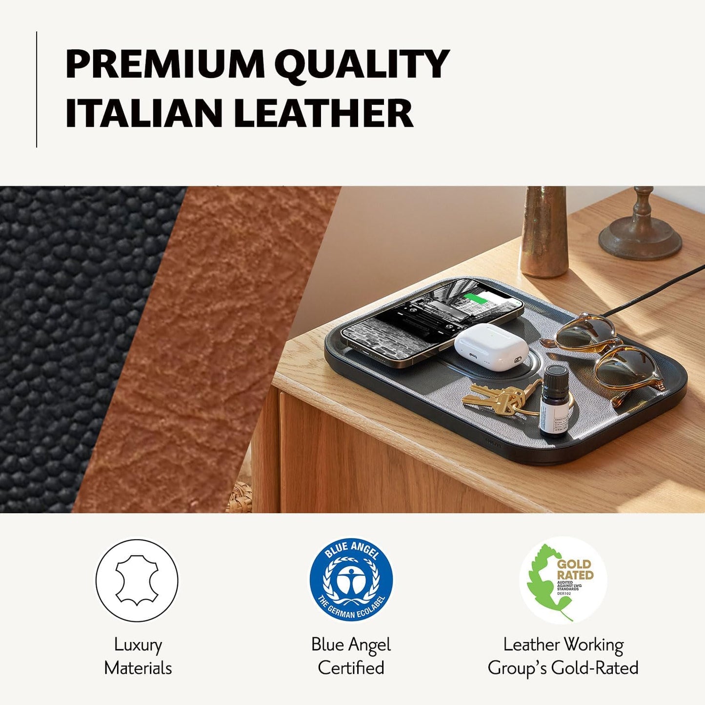 Courant MAG:3 Classics Charger and Tray - Italian Leather, Multi-Device Charger Compatible with MagSafe iPhones 16, 15, 14, 13, 12 or Wireless AirPod Cases (Black)