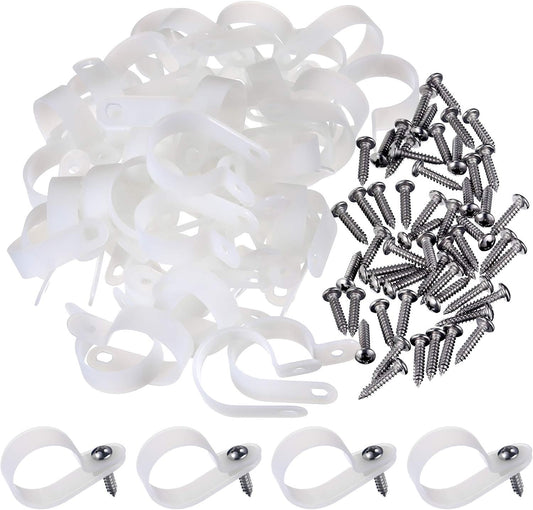 Hicarer 50 Pack R-Type Cable Clip Wire Clamp, Nylon Screw Mounting Cord Fastener Clips with 50 Pack Screws for Wire Management (White, 1 Inch)