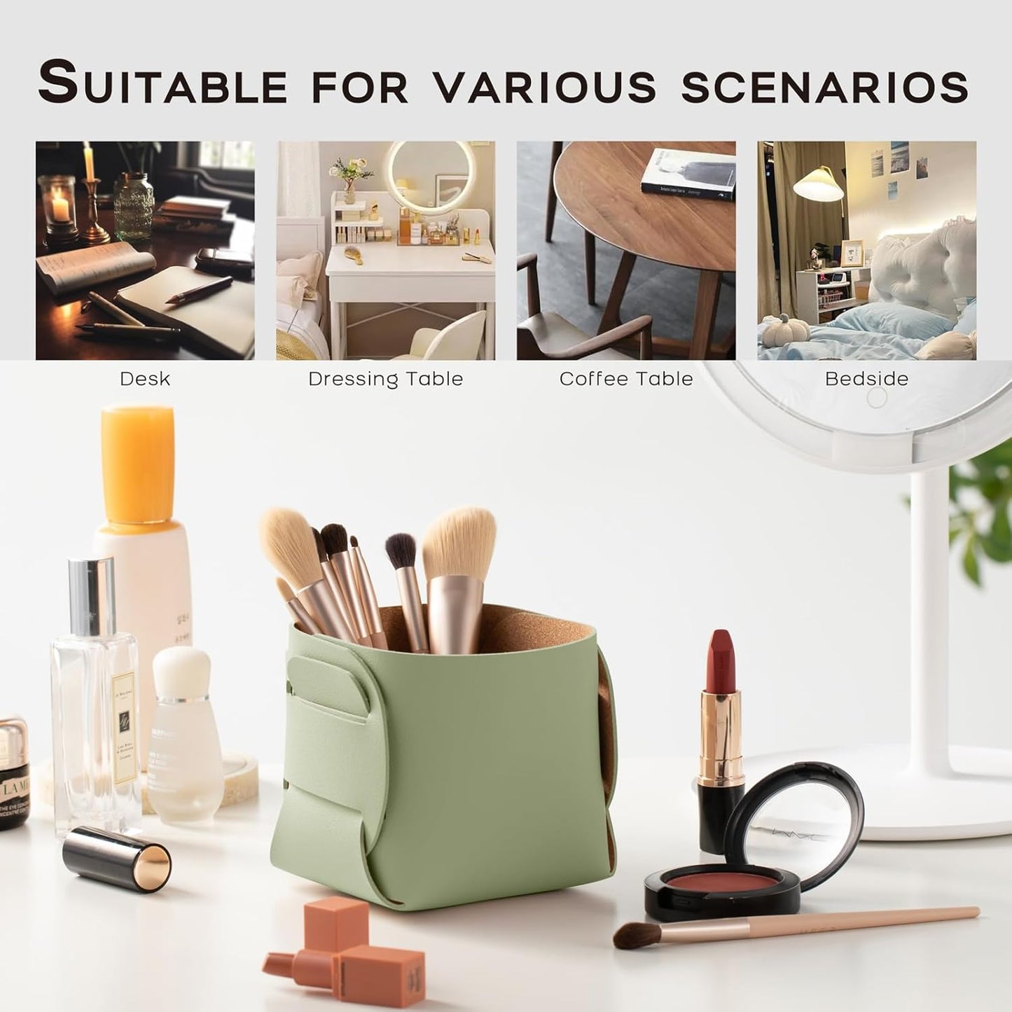 HOMIEAZICOZI 2-Pack Cork Leather Desk Accessories Storage - Pencil Pen Holder - Makeup Brush Holder Organizer - Stylish Addition to Home Decor (Light Green)