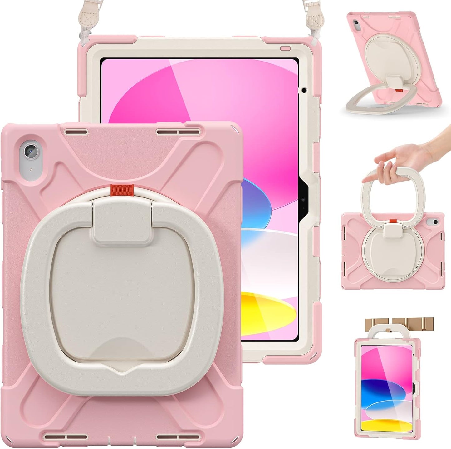 BRAECN Case for iPad (A16) 11th/10th Generation 11”/10.9'' 2025/2022-Shockproof Silicone Cover w/Pencil Holder/360°Swivel Ring Stand/Handle Grip/Kickstand/Shoulder Strap/Screen Protector, Sakura Pink