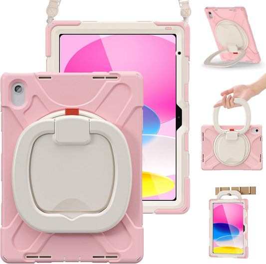 BRAECN Case for iPad (A16) 11th/10th Generation 11”/10.9'' 2025/2022-Shockproof Silicone Cover w/Pencil Holder/360°Swivel Ring Stand/Handle Grip/Kickstand/Shoulder Strap/Screen Protector, Sakura Pink