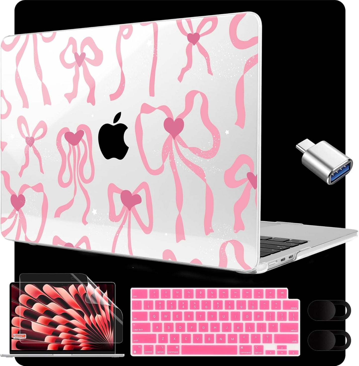 MEEgoodo for M4/M3/M2 MacBook Air 15.3 inch Case 2025 2024 2023, Case Fit Model (A3241/A3114/A2941) for MacBook Air 15 inch, Laptop Hard Shell with Keyboard Cover, Coquette Ribbon Bow