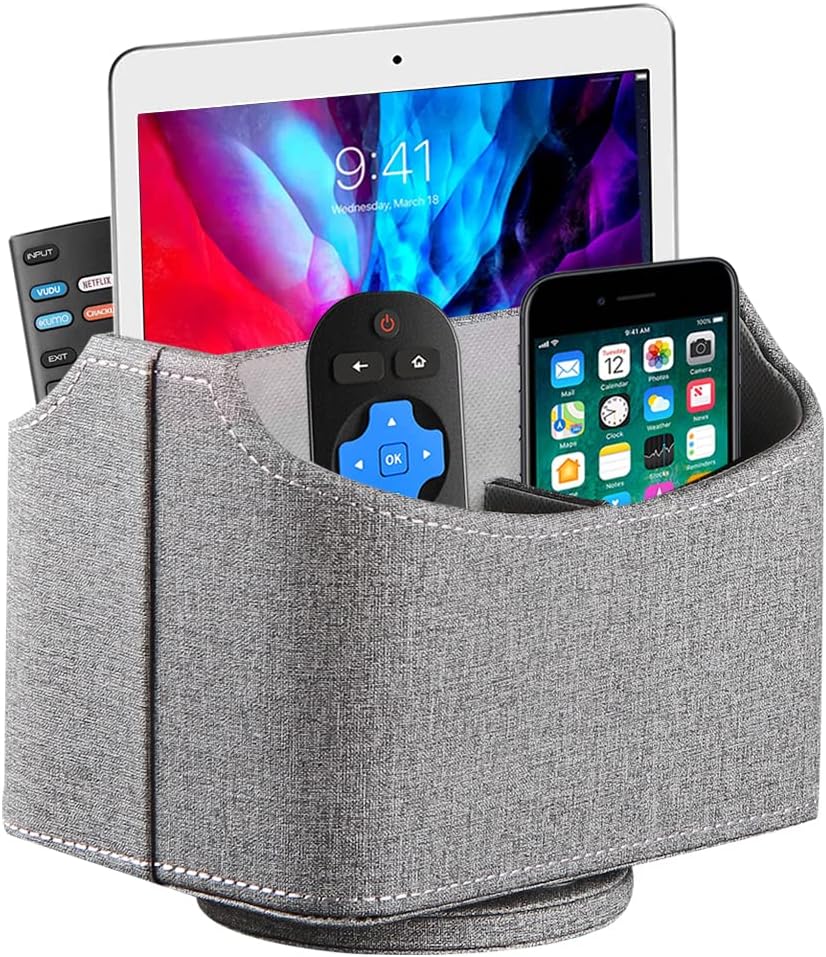 Fanousy 360° Rotating Remote Control Holder, PU Leather TV Remote Caddy Organizer Basket Storage Box with 5 Compartments for Pen, Pencil, Art Supplies, Makeup Brush, Office Desk Table Accessories