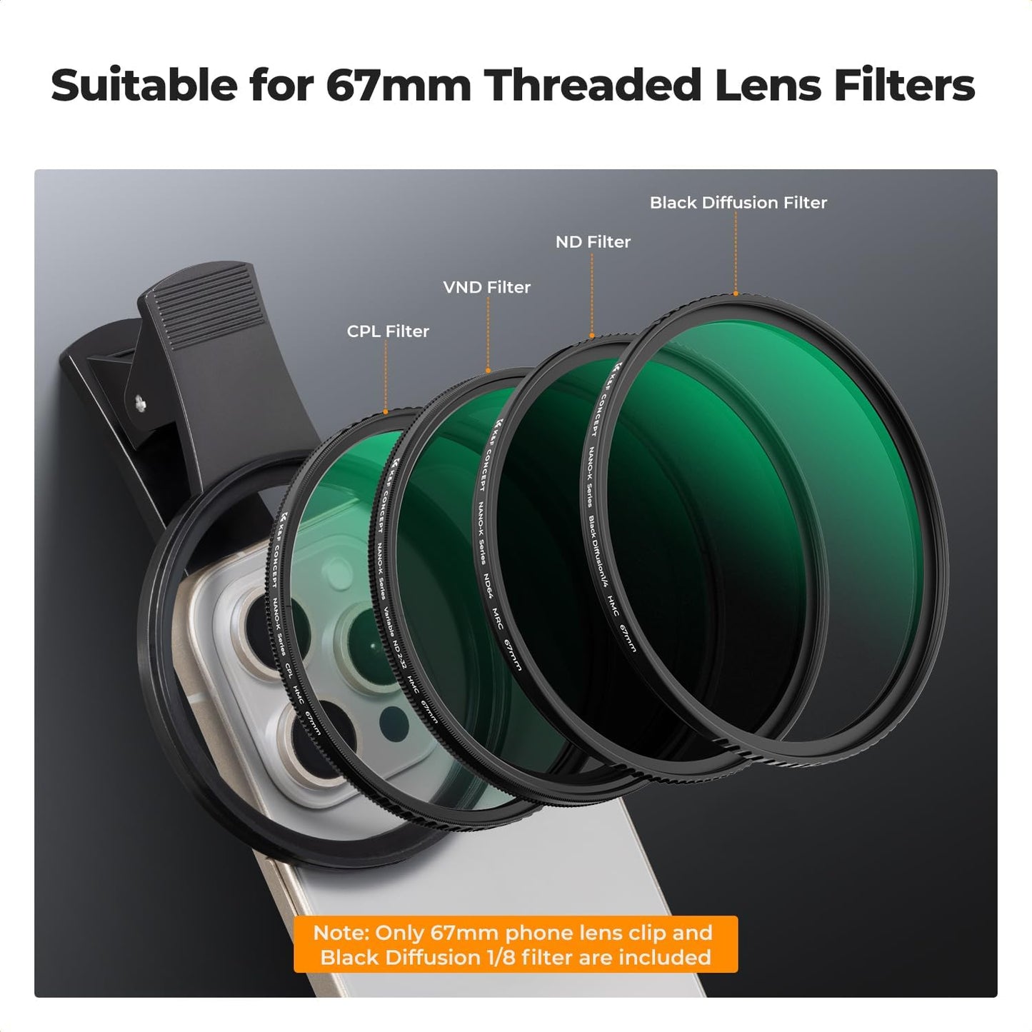 K&F Concept 67mm Clip-on Black Diffusion 1/8 Phone Camera Lens Filter Kit, Mist Cinematic Effect Filter Compatible with iPhone 16 15 14 13 12 11, for Video/Vlog/Portrait Photography