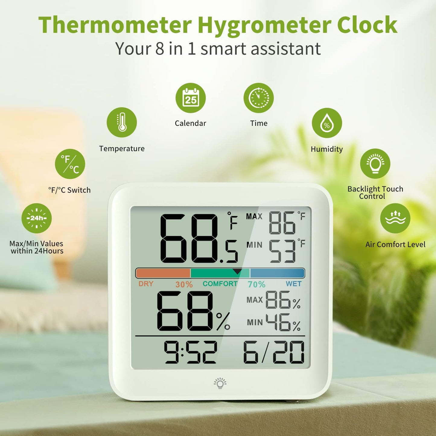 2 Pack Indoor Thermometer Room Temperature Home Hygrometer Humidity Gauge, Accurate with Calibration, Backlight, Air Comfort Indicator, 24H Max Min Records, Time, Date(AAA Batteries Included)