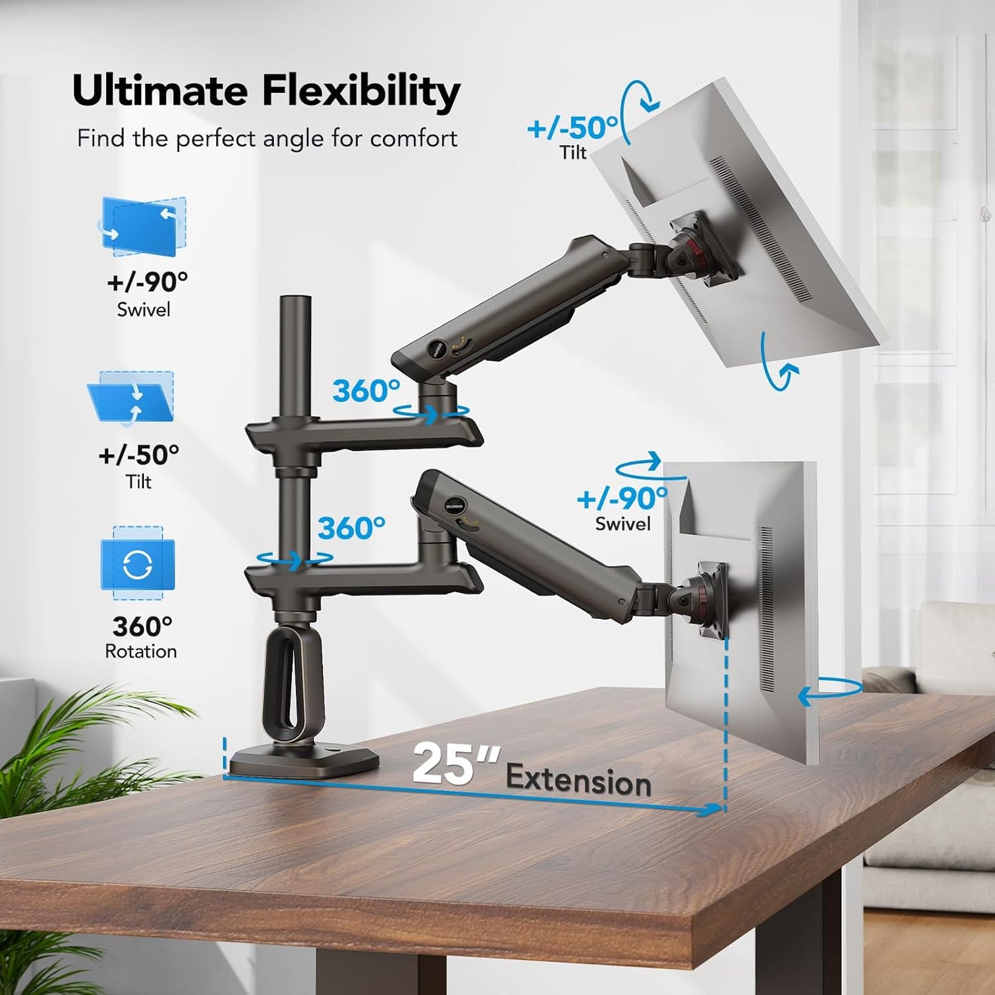 HUANUO Dual Monitor Arm for 13-49" Ultrawide Screens up to 40 lbs, Heavy Duty Aluminum Extra Tall Monitor Desk Mount, Vertical Stacked Fully Adjustable Dual Monitor Mount, Max VESA 100x100