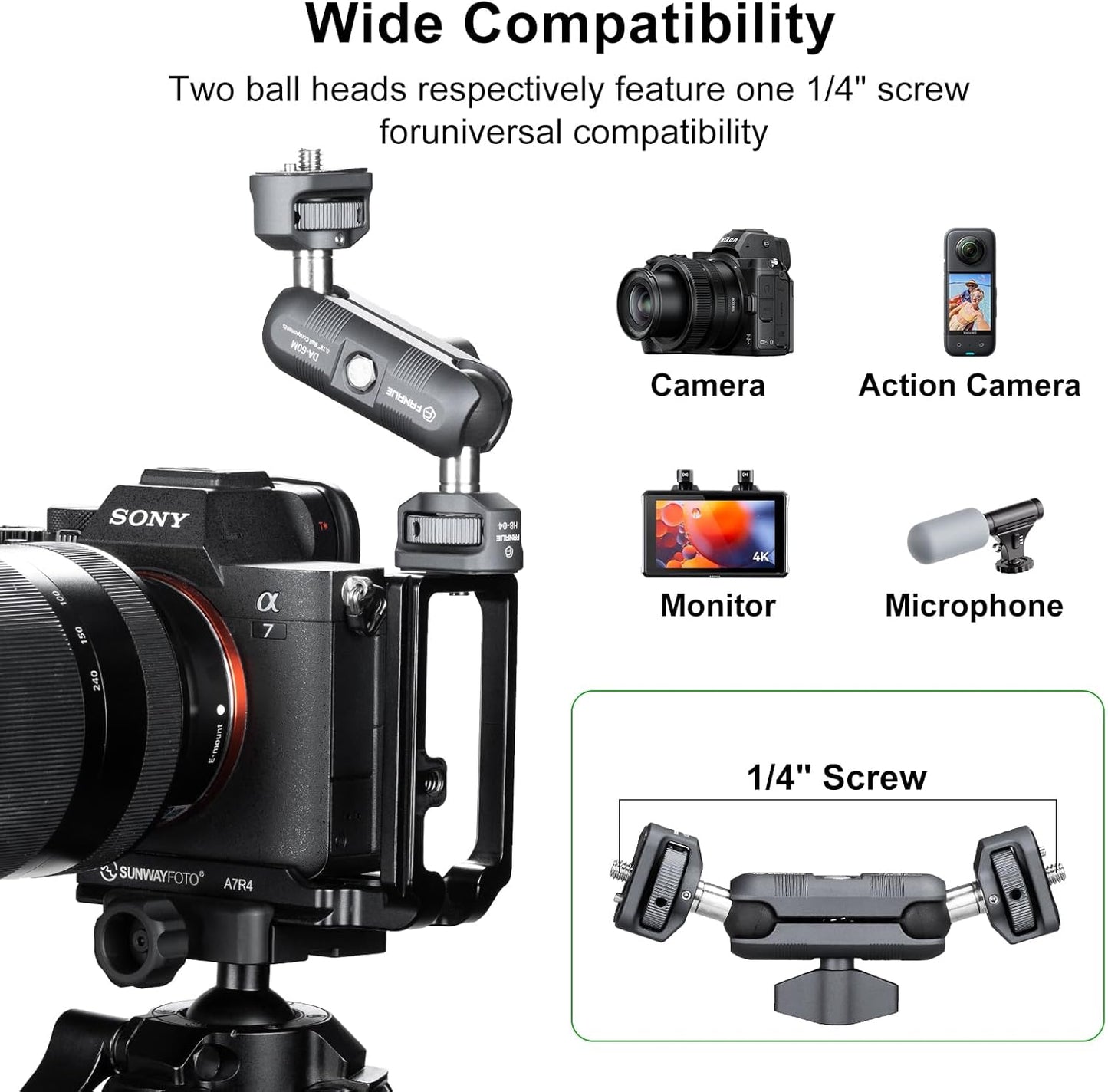 FANAUE Mini Articulating Arm Mount Camera Accessories Compatible with 1/4"-20 to 1/4"-20 Connectors (with Locating Pins) Aluminum-Built Arm Offers Flexibility Connectors