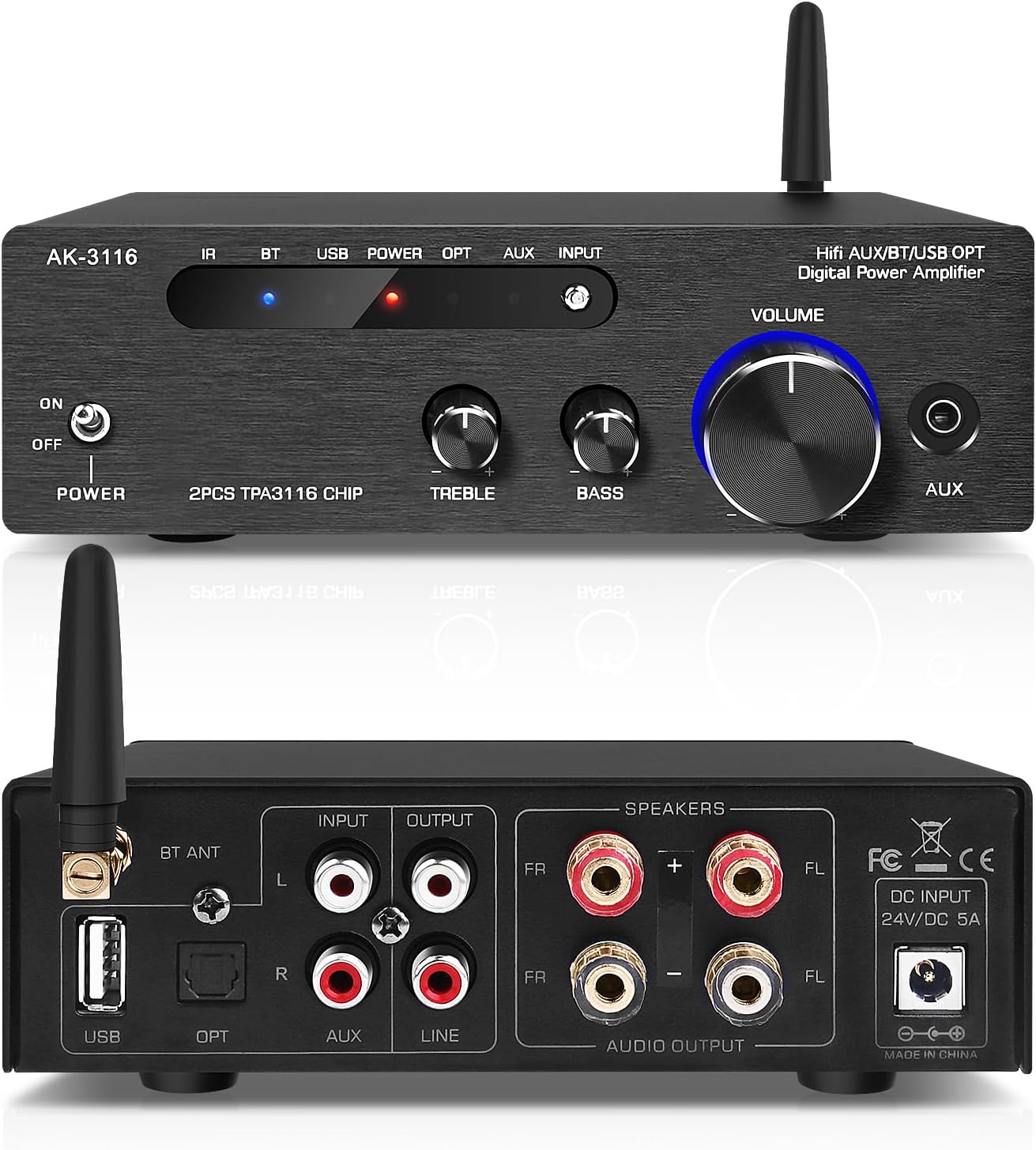 Amplifier Home Audio,Stereo Receiver Bluetooth 5.0 Power amp 100W x2 Wireless HiFi Stereo Class D Digital 2 Channel Integrated with Bass Treble Control for Passive Speakers