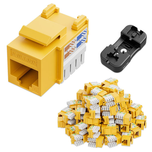 iwillink 10Gbps Cat6 Keystone Jack and Punch-Down Stand, 50-Pack, RJ45 Ethernet Keystone Jacks, 90-Degree UTP Modular Punch Down Keystone Jack Adapter, Yellow