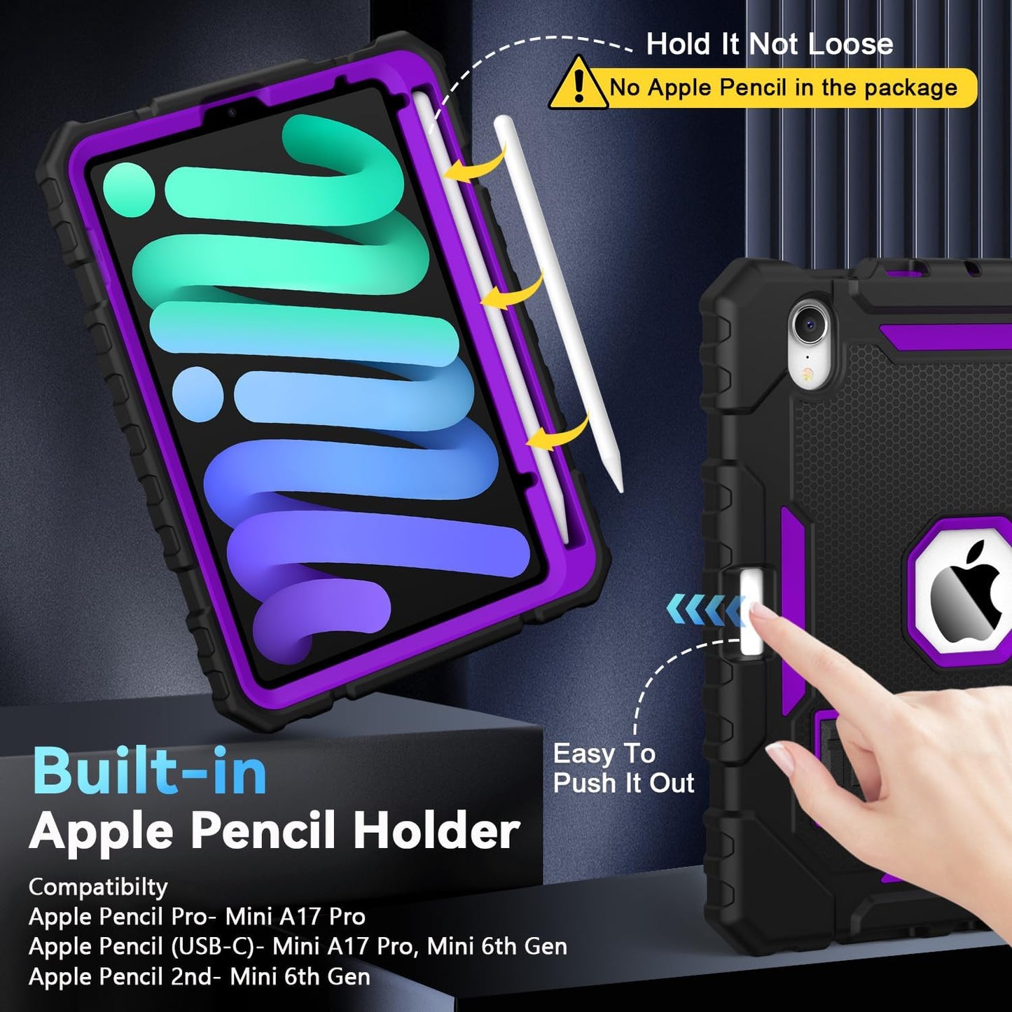 Grifobes Case for iPad Mini 7 (A17 Pro) 2024 / Mini 6 2021 8.3 inch, Heavy Duty Shockproof Rugged Cover with Pencil Holder Stand, for I Pad Mini 7th/6th Gen 8.3" for Kids Girl (Black+Purple)