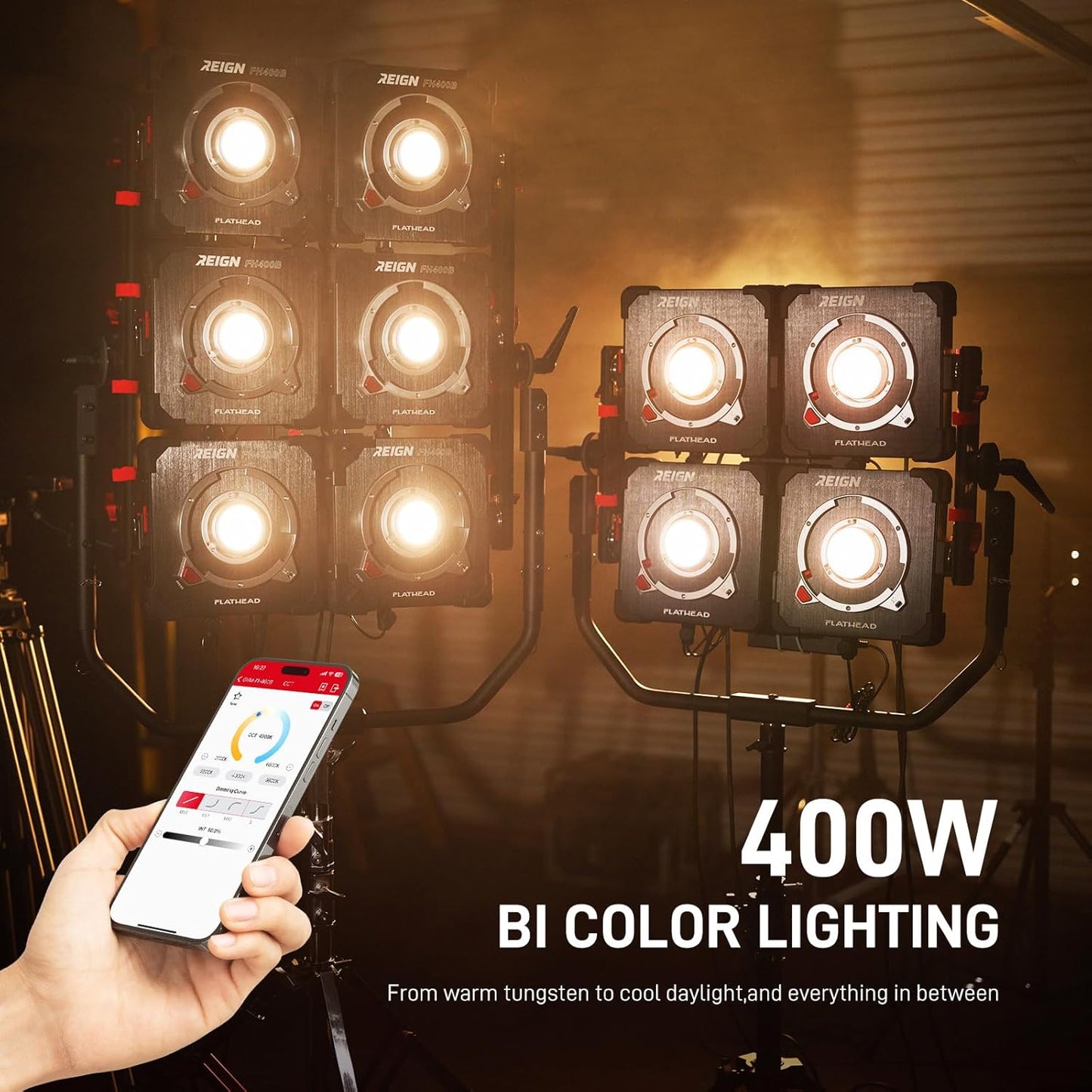 GVM 400W Bi-Color Video Light with 2700–6800K Range Delivers up to 68700lux/1m Studio Lights Photography Lighting Flathead Design Supports Stackable 4-6 Light arrays for scalable high-Output Systems