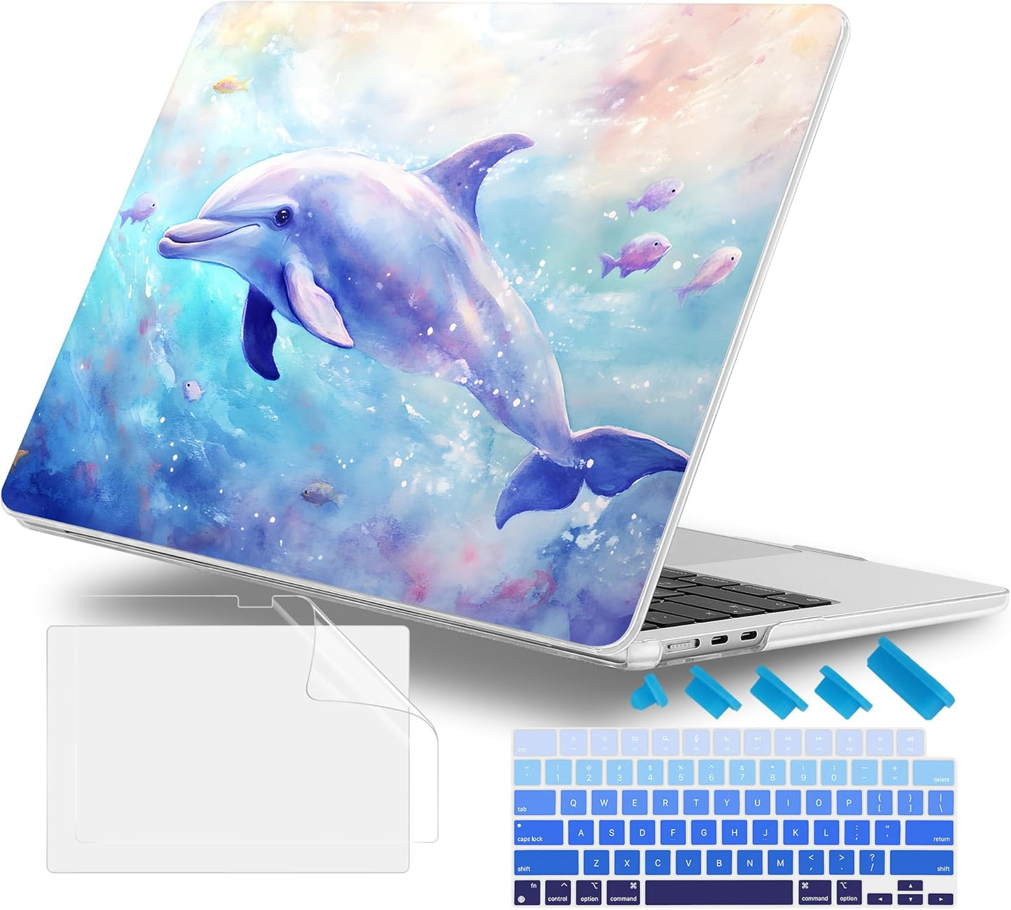 Case for MacBook Air 15 Inch 2025 2024 2023 Release M4 A3241 M3 A3114 M2 A2941, Hard Shell with Screen Protector & Keyboard Cover, Compatible with Touch ID, Blue Whale