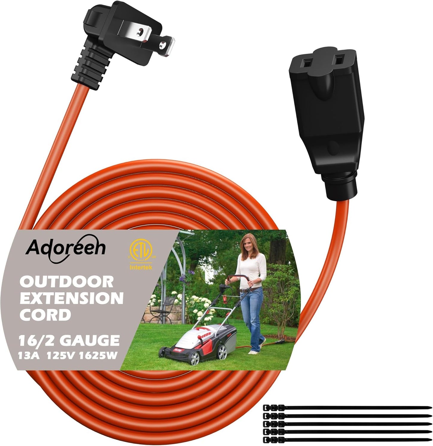 90 Degree 2 Prong Polarized Outdoor Power Extension Cord 50 FT, Angled Low-Profile Plug, 16 Gauge 125V SJTW Waterproof Long Cable for Home Office Lawnmower Garden Tools Lights, ETL+Ties-Bright Orange