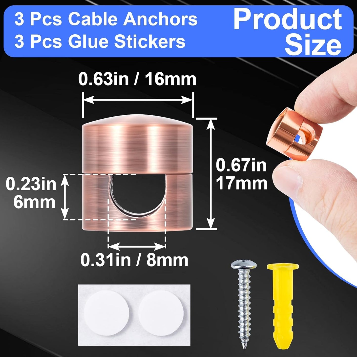 3 Sets Charger Holders for Cords, Adjustable Cable Anchor Holders, Adhesive Metal Cord Clips, Cable Management Wire Organizers for Desk, Office, Nightstand - Gold, Red Bronze, Rose Gold