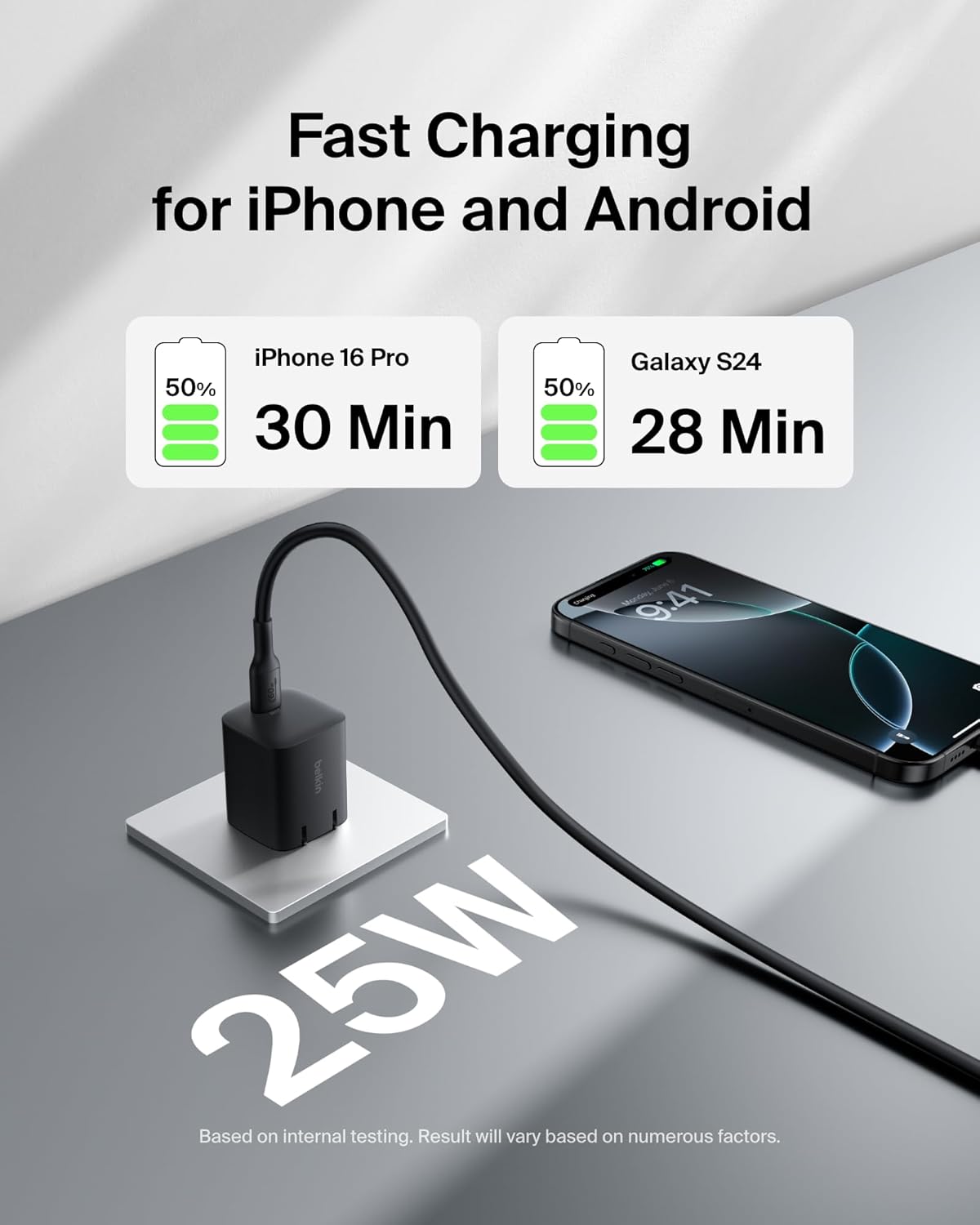 Belkin USB C Charger Block 25W - USB C Cable Included – PD3.0 PPS Fast Charging for Samsung Galaxy S25, S24, S23, Apple iPhone 16, iPhone 15/14/13 Pro, Google Pixel 9, Nintendo Switch, etc - Black
