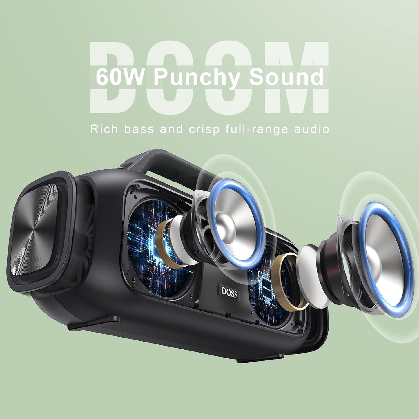 DOSS Extreme Boom Outdoor Bluetooth Speaker with 60W Mighty Sound, Deep Bass, 30H Playtime,10400mAh Power Bank, BT 5.3, IPX6 Waterproof, Portable Strap for Camping, Pool, Beach, Garage, Work