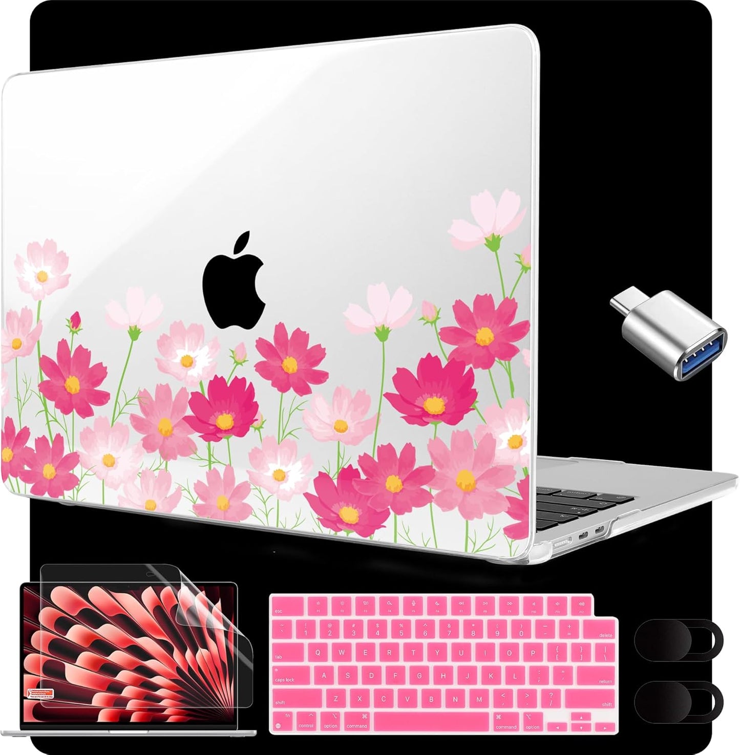 MEEgoodo for M4/M3/M2 MacBook Air 15.3 inch Case 2025 2024 2023, Case Fit Model (A3241/A3114/A2941) for MacBook Air 15 inch, Laptop Hard Shell with Keyboard Cover, Bright Pink Flowers