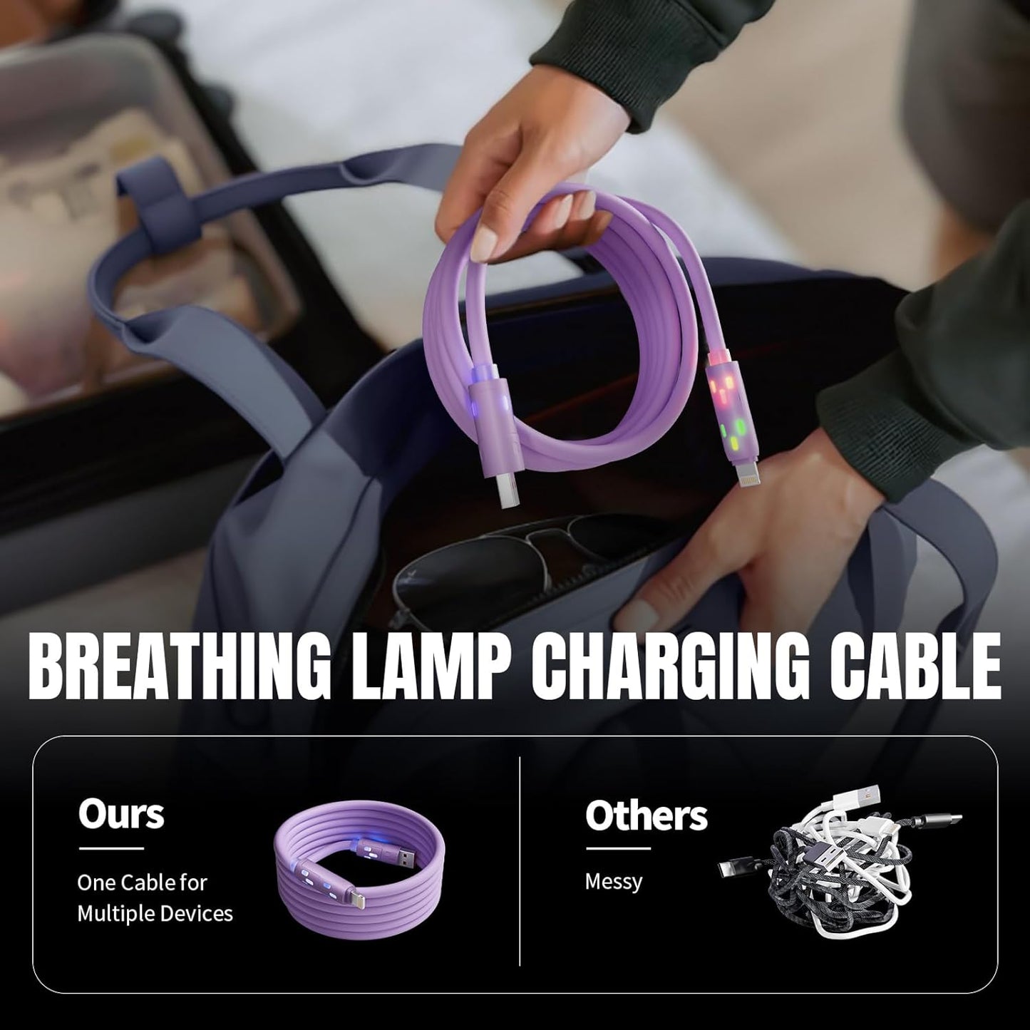 240W USB C Cable,4 in 1 Charging Cable Fast Charging & Data Sync, Multi USB Charging Cable with Breathing Light,Charger Cord for iPhone 16/15 14 13 iPad Samsung Galaxy MacBook iPad Tablets,Purple 5Ft