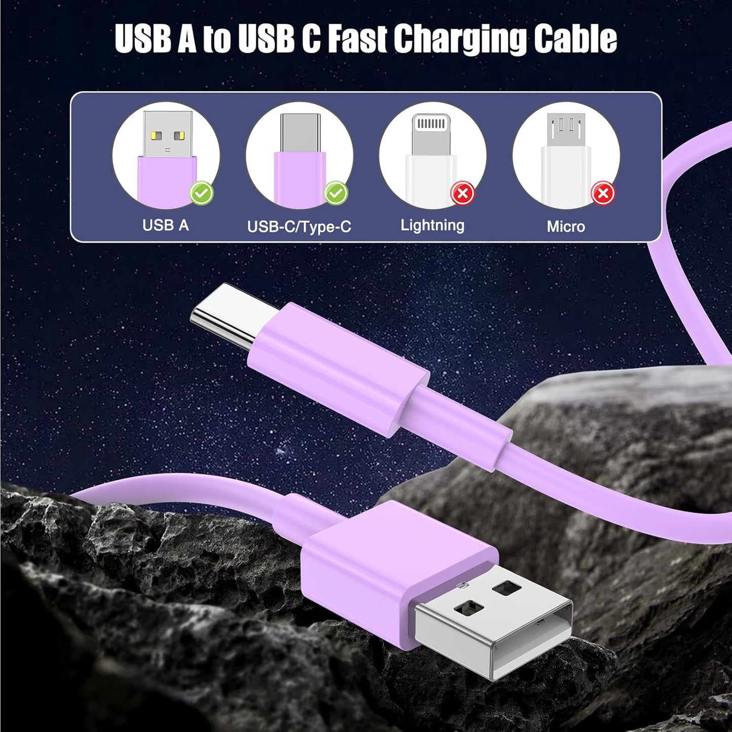 3-Pack Purple [3.3FT+3.3FT+6FT] USB A to USB C Cable，USB to USB C Car Carplay Cable for iPhone 16 15 Pro Plus Pro Max，for iPad Pro/Air/Mini，for Samsung S24/S23/S22/S21，for MacBook Pro/Air and More