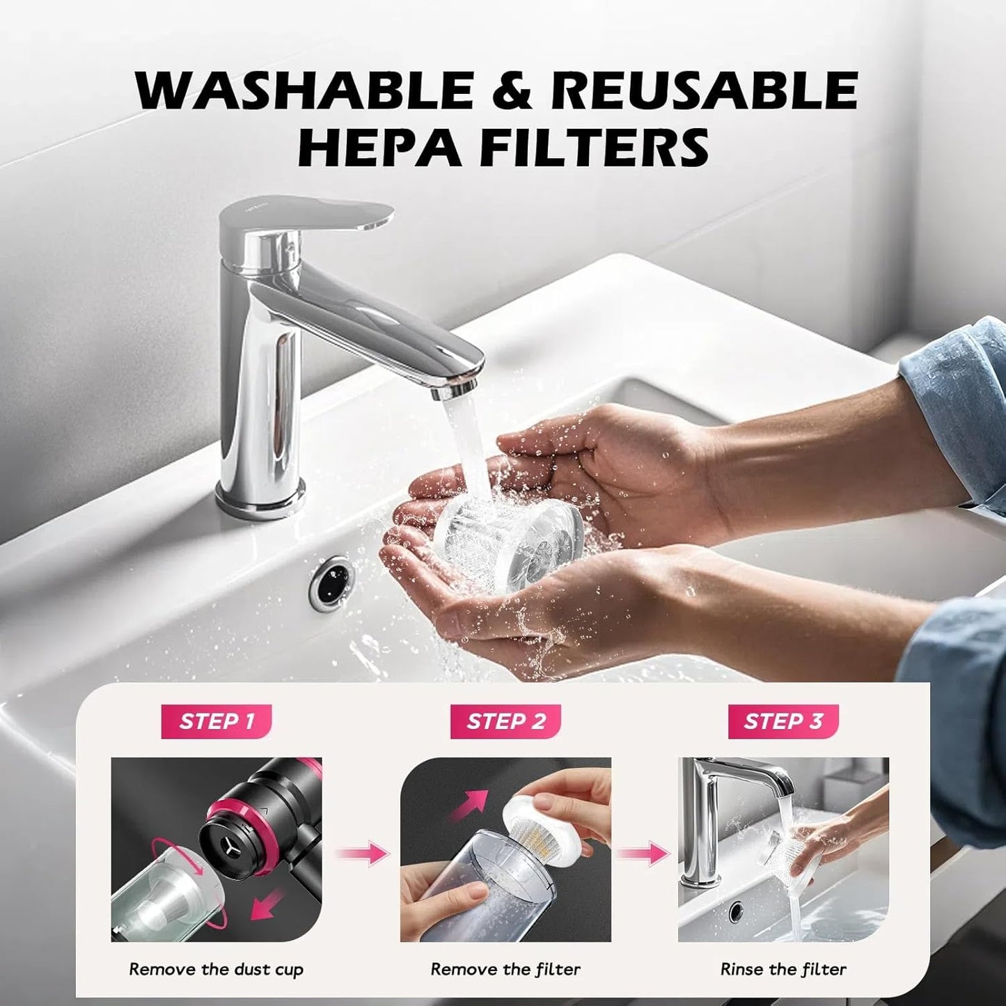 Handheld Car Vacuum with 15000PA Power, 4 in 1 Small Powerful Cordless Vacuum Cleaner & Air Duster with 2000mAh Battery, Rechargeable Portable Mini Hand Held Vacuum for Car, Home,Office,Pet Hair（Pink）